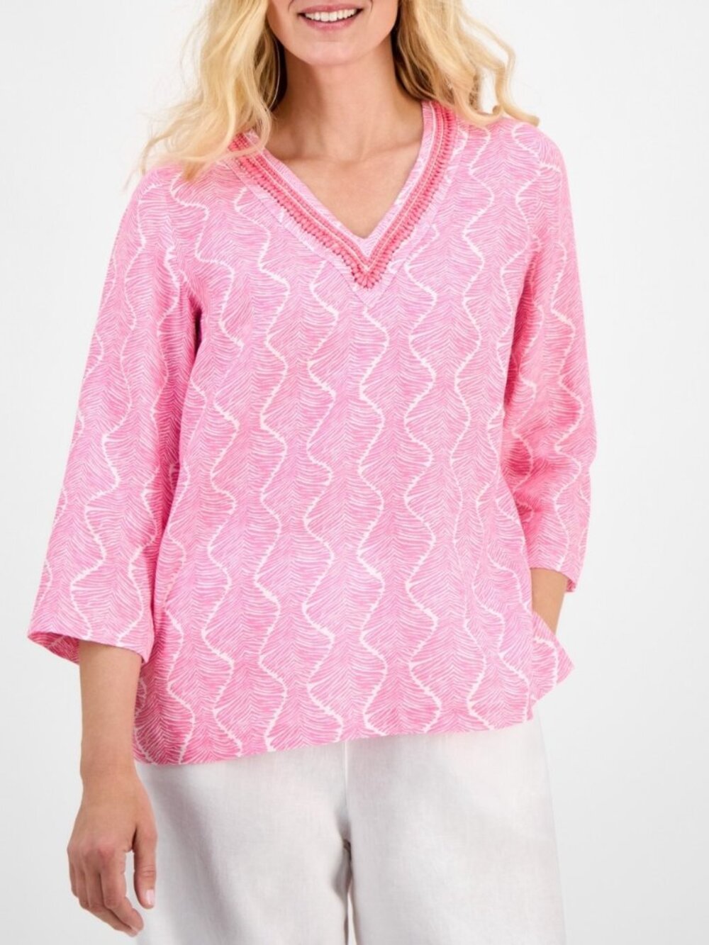 Charter Club Women's Size M Printed Linen 3/4 Sleeve Pink Tunic Top NEW